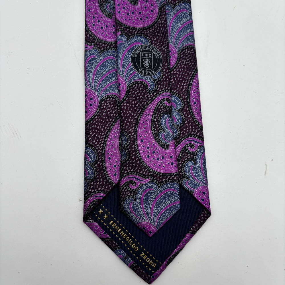 Ermenegildo Zegna Men's Silk Satin Tie Purple Navy Blue Paisley Designer Italy
